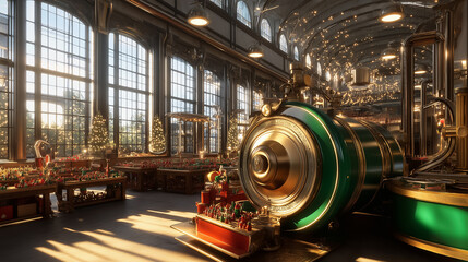 Fototapeta premium Inside a bustling workshop adorned with twinkling lights, a grand green train captures the spirit of the holiday season
