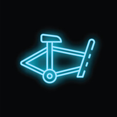 Blue neon sign of a bike frame glowing on a black background