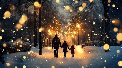 Fototapeta premium A snowy winter night with a family walking through a park, surrounded by glowing festive lights, celebrating the holiday season