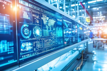 Advanced manufacturing control room, wall of monitors displaying real-time data, IoT sensor networks, predictive maintenance AI interfaces, technicians monitoring automated systems