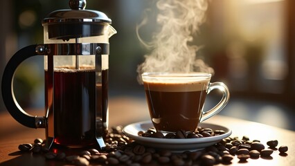 gourmet coffee set up with a French press, coffee beans, and a steaming cup of freshly brewed coffee.