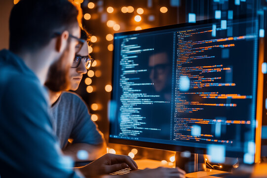 Programmers work together intently, analyzing code on a computer in a cozy, illuminated environment