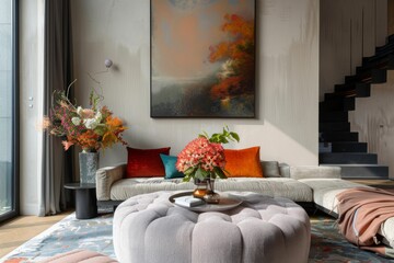 Interior of a stylish living room with a round ottoman fresh flowers