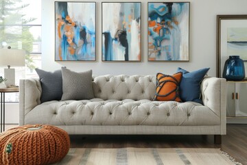 Modern sofa with textured cushions striking knot pillow