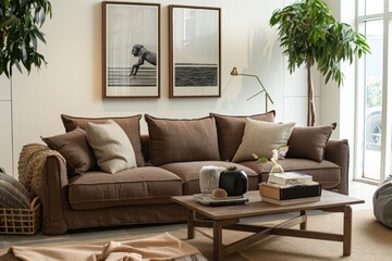 Modern living room interior featuring a mock up poster