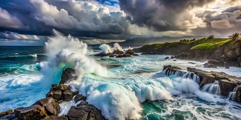 Fototapeta premium Aerial View of Stormy Ocean Waves Crashing Against Rugged Rocks in Hawaii, Capturing the Power and Beauty of Nature's Fury with White Foam and Turbulent Waters