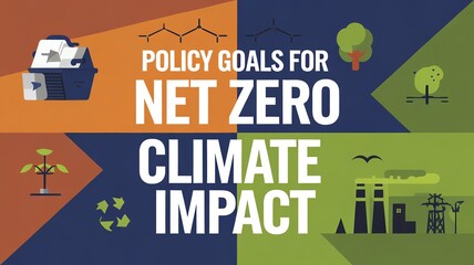 Naklejka premium Illustration highlighting policy goals for achieving net zero climate impact through sustainability and environmental initiatives.