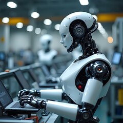 Robot Working on Laptop in Modern Office