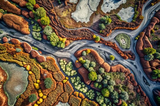 Aerial View of Unique Vermiculation Patterns in Nature, Showcasing Intricate Soil and Rock Textures, Perfect for Environmental Studies and Abstract Art Inspirations