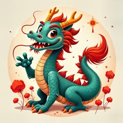 Cartoon dragon with red tail and orange horns. Green mythical creature, Chinese New Year symbol. Dragon stands in front of flowers, red and orange color scheme. Illustration for festive design.