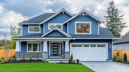 Blue House with a White Garage Door