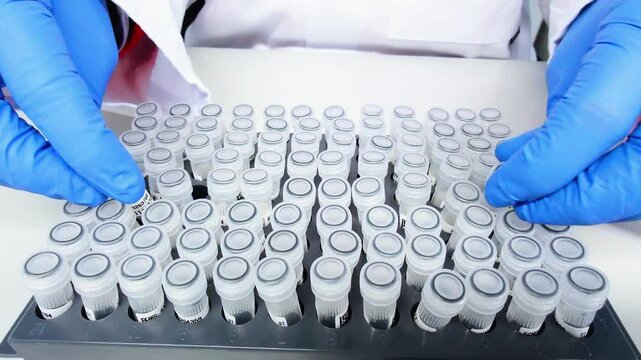 ab technician wearing gloves handles patient samples in test tubes in a genetic laboratory. The tubes are neatly arranged in a tray, indicating precise work with genetic material or blood diagnostics