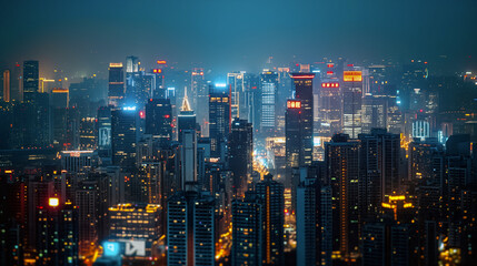 Fototapeta premium The bustling city skyline glows brightly at night, with numerous skyscrapers adorned with colorful lights illuminating the urban landscape below - Generative AI
