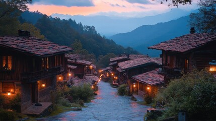 Naklejka premium Mountain Village at Dusk