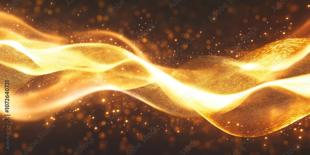 Poster abstract golden wavy line with sparkling particles on dark background. wave shine, curve, glow, swir