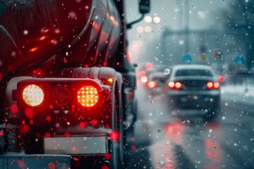 Close up of a red tanker truck braving a snowy highway