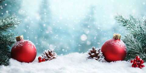 A winter scene with red Christmas baubles with snowflake patterns, pinecones, and evergreen branches in snow, but in higher resolution and clearer detail. New Year greeting postcard.