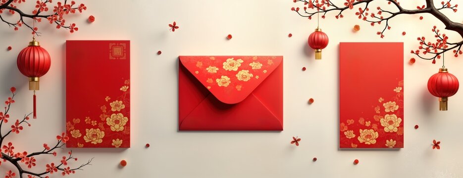 Red envelopes with gold floral designs, two red Chinese lanterns, blooming branches lie on white background. Festive Chinese New Year decoration. Traditional oriental celebration decor for greeting
