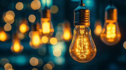 A bright light bulb glows amidst a backdrop of soft darkness, creating an inviting, warm ambiance in the surroundings