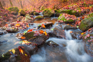 Close-up view of a small waterfall in an autumn forest stream with blurred water
