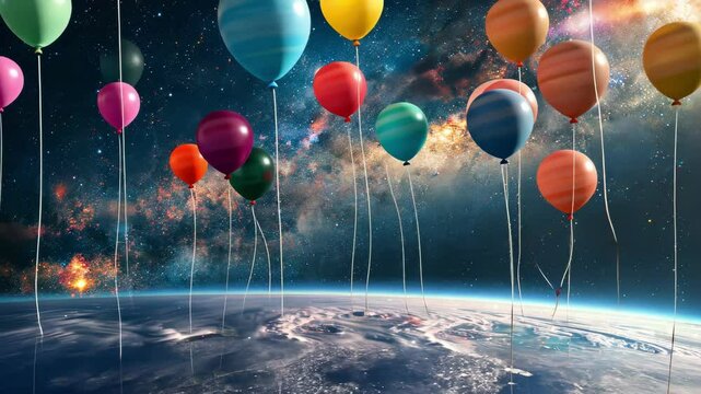 Assorted balloons ascending into a magical night sky with a celestial body of stars and nebulae