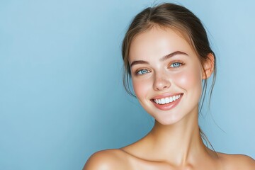 Smiling woman with clear skin against blue background.