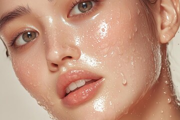 Close-up of a young woman's face with glistening skin and water droplets.