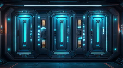 Detailed futuristic corridor with illuminated panels and advanced doors in a sci-fi setting