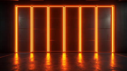 Abstract modern wall with vertical glowing orange neon light strips creating a futuristic ambiance