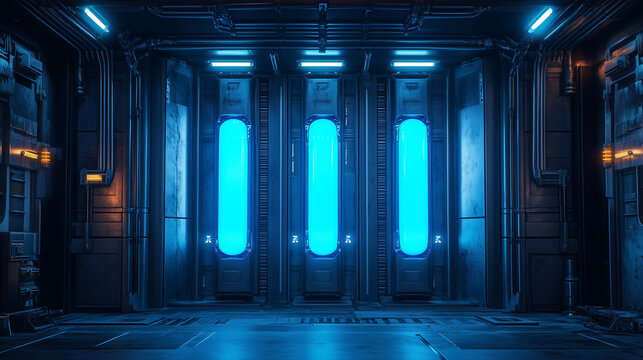 Dimly lit futuristic lab with glowing blue cryogenic pods, industrial sci-fi environment