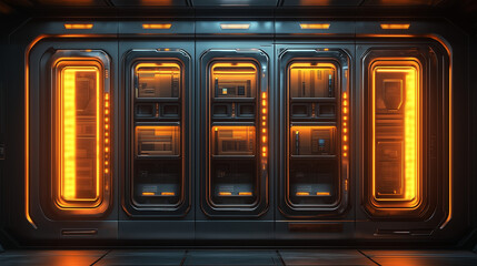 Obraz premium Futuristic sci-fi corridor with illuminated control panels and sleek metal doors, glowing in warm orange light