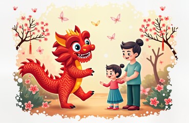 Naklejka premium Red dragon with yellow details, happy expression meets smiling family. Young girl holds father hand in peaceful scene, decorated with pink flowers, flying butterflies. Cartoon illustration with