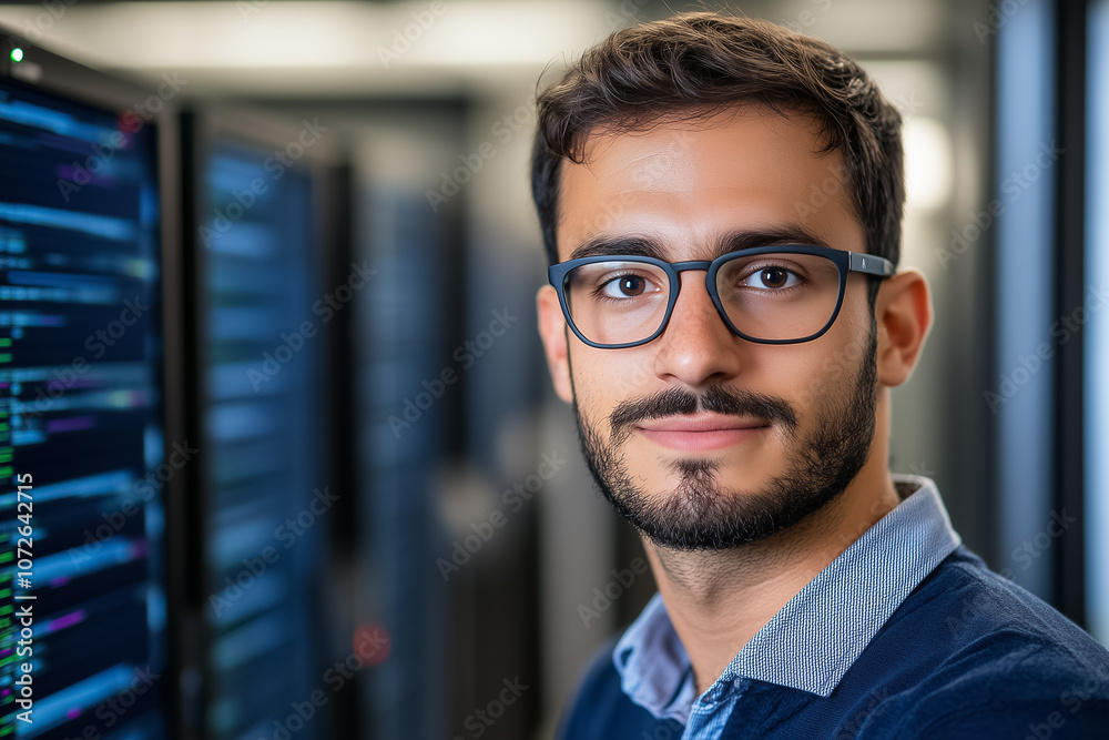 Poster a young male coder focuses on programming tasks in a bright, modern office filled with screens