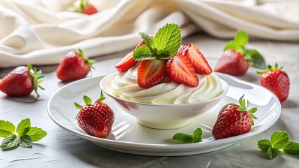 Architectural Photography of a Deliciously Styled Dessert Featuring Fresh Strawberries Drenched in Luxurious White Cream, Capturing the Essence of Culinary Artistry and Design