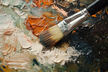 Close-Up of Paintbrush with Mixed Oil Paints in Earth Tones on Palette