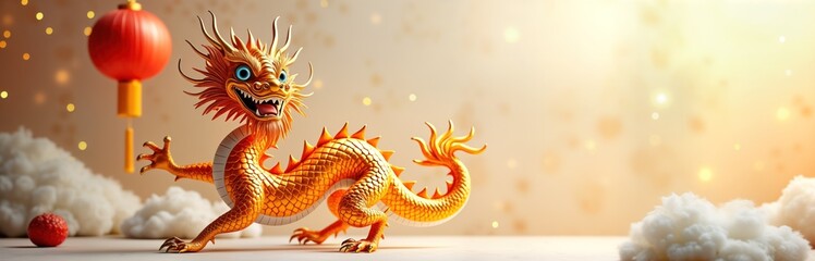 Golden dragon figurine on white clouds, symbol of Chinese New Year. Animal illustration on a gold background, perfect for greeting cards, invitations, decor, or design.