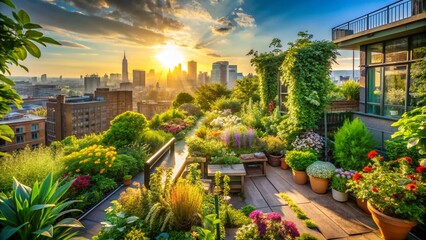 Fototapeta premium A Rooftop Garden Flourishes with a Variety of Plants Showcasing Urban Nature's Beauty in a Serene Urban Space, Perfect for Fashion Photography and Lifestyle Imagery