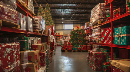 A festive storage warehouse packed with holiday wrapping supplies.