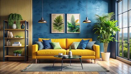 Artistic Living Room Featuring a Yellow Sofa with Blue Pillow and Potted Plant, Perfect for Cozy Home Decor Inspiration and Modern Interior Design Ideas