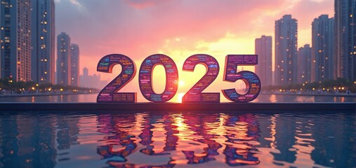 Colorful 2025 sign illuminated by sunset reflects beautifully in water at a city skyline, capturing the essence of the new year. New Year 