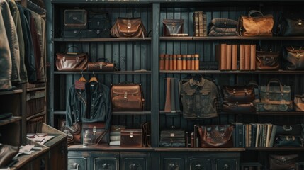 Vintage leather bags and jackets in classic store