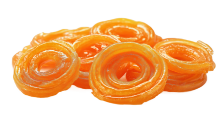Indian sweet jalebi, a traditional snack food. Spiral shaped fried dough, soaked in sugar syrup. Orange, yellow, and crispy jalebi on a isolated transparent background. Alpha mask cut out png.