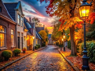 A Serene Autumn Scene of a Quiet Cobblestone Street in a Small Town, Framed by Colorful Leaves and Charming Streetlights at Dusk