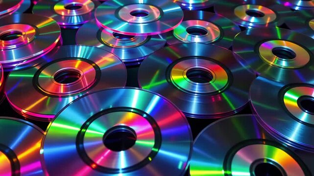Assortment of shiny compact discs reflecting a spectrum of colors in a pattern, symbolizing data storage