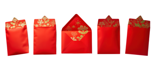 Red envelopes with gold pattern. Holiday celebration concept. Chinese New Year gift money, wedding or birthday gift money, lucky money. Chinese tradition. Flat lay. Transparent isolated background png