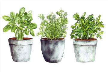 Bunches of fresh raw herbs, basil, dill, parsley in pots for home cultivation. watercolor illustration on the white background.