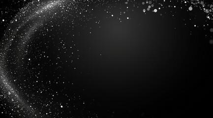 Trendy shiny silver and black background. Defocused glitter vintage lights Christmas wallpaper with text space on the right