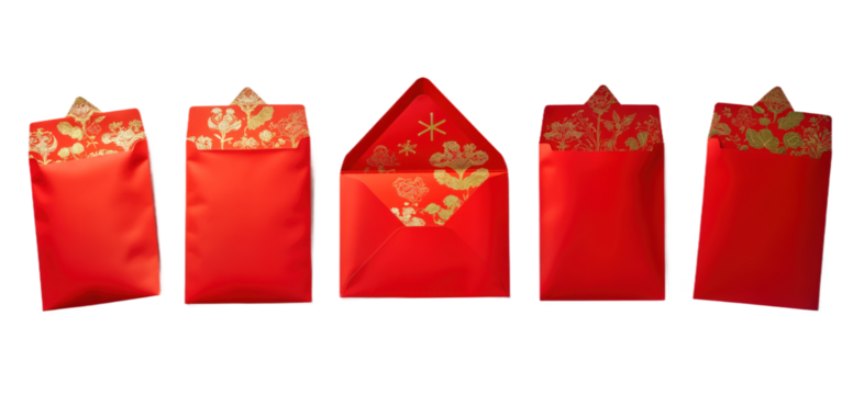 Red envelopes with gold pattern. Holiday celebration concept. Chinese New Year gift money, wedding or birthday gift money, lucky money. Chinese tradition. Flat lay. Transparent isolated background png