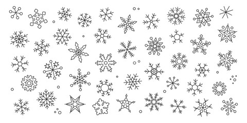 Snowflakes collection in line style. Vector illustration isolated on white background. Christmas icons elements.