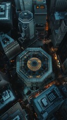 Aerial View of Art Museum Surrounded by Bustling Cityscape: Contrasting Serenity with Urban Energy